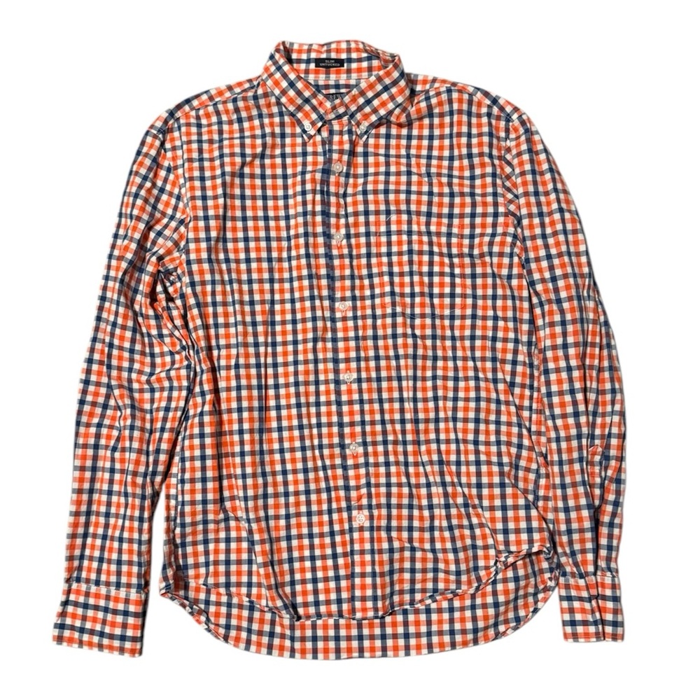 J. Crew Men’s Casual Red and Blue Gingham Slim Untucked Button Down Shirt, Large